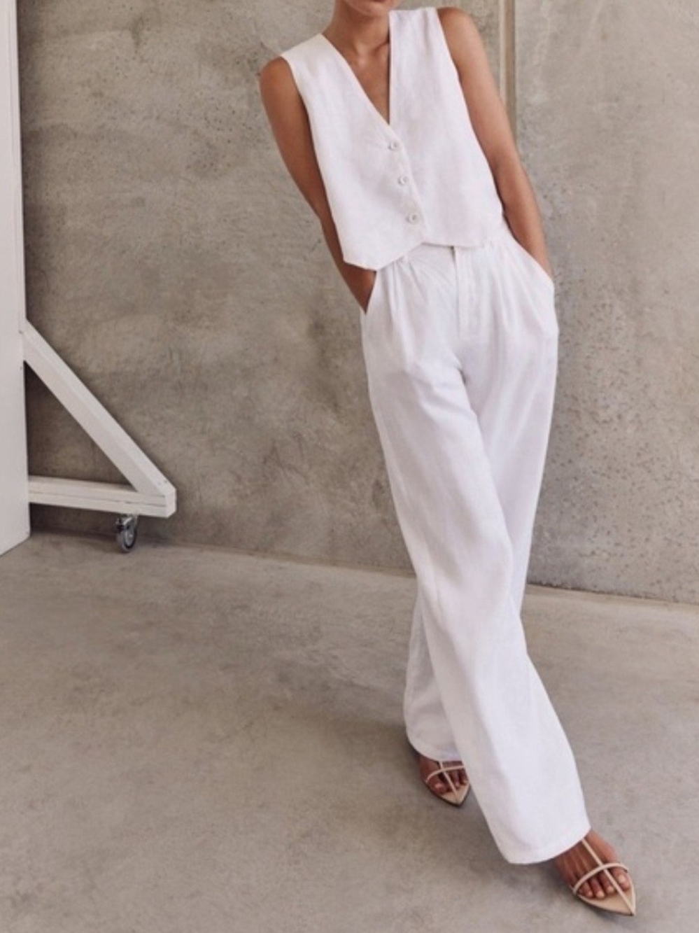 COMMENSE White High-Waist Wide-Leg Linen Pants and Vest